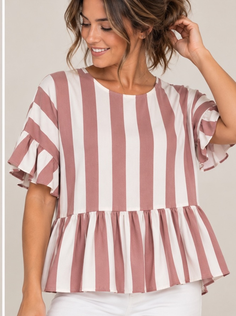 Dex Oversized Striped Peplum Short Sleeve Tunic in Blush White Size Small